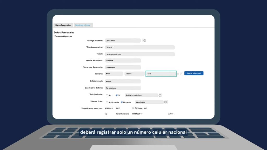 En datos personales deberá registrar solo un número celular nacional donde se usará el token móvil. Es muy importante que presione el botón "Asignar token móvil" para registrar la información. 