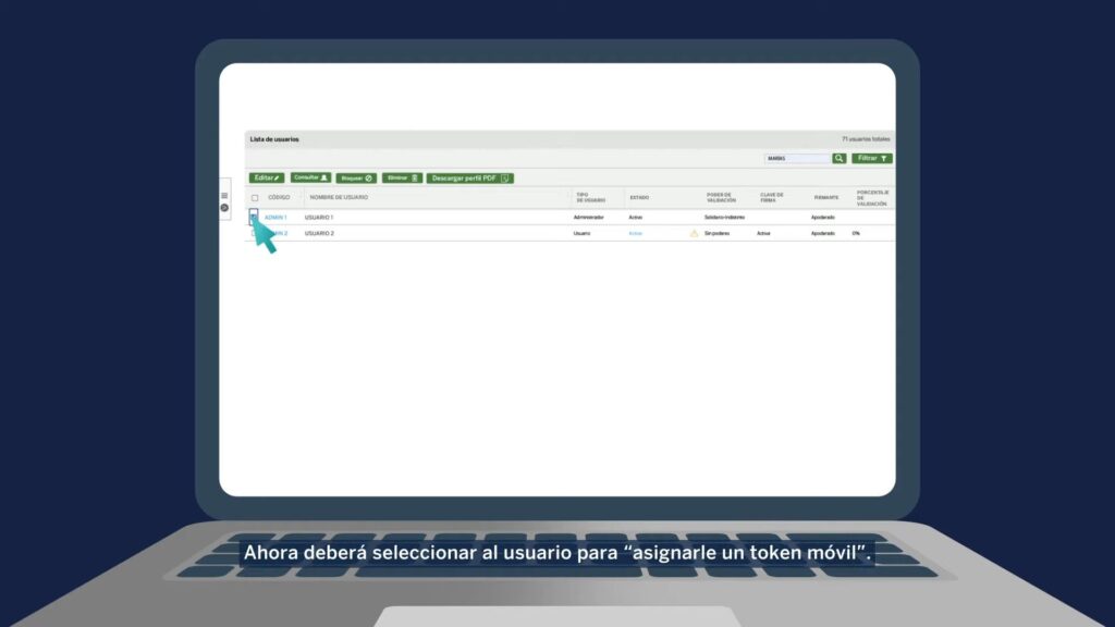 Ahora deberás seleccionar al usuario para asignarle un Token Móvil BBVA. 