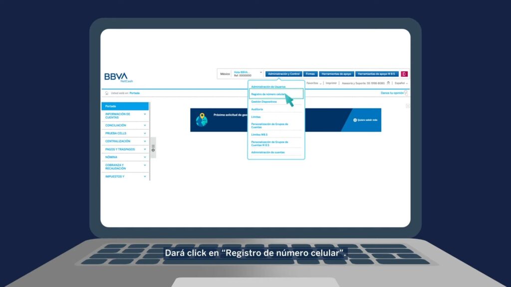 En seguida seleccionará el "Módulo de administración y control", y dará clic en "Registro de número celular". 